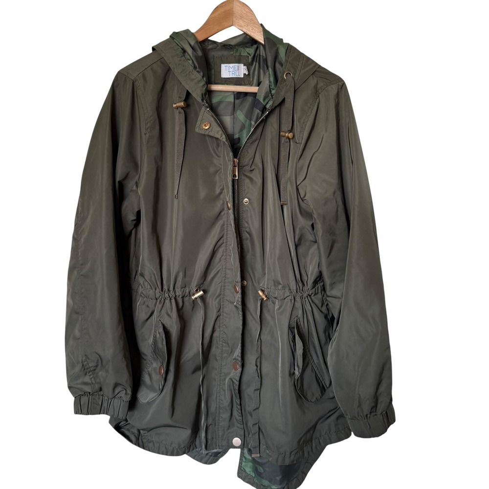 Time and Tru Anorak Jacket‎ Womens Large L Olive Green Good Camo Lined Hooded